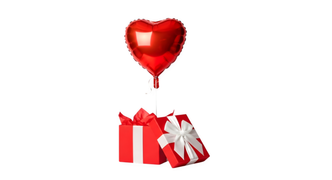 Red heart balloon over open gift box, isolated on transparent background
