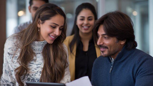 A diverse group of Indian business team members are gathered around a table, actively discussing ideas and strategies with smiles and enthusiasm - Powered by Adobe