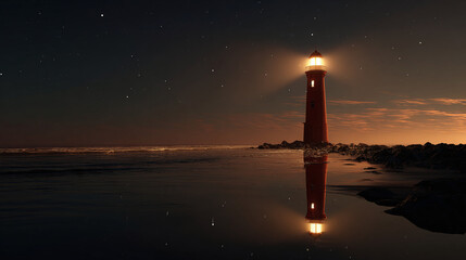 A stunning night scene of a lighthouse guiding the way with its bright light, reflecting in the calm water