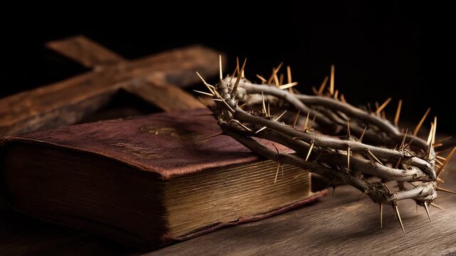 Bible and a crucifixion with a crown of thorns.