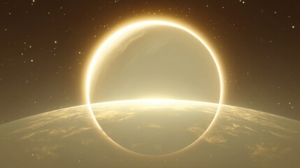 Stunning celestial view of a glowing sun rising above a distant planetary horizon in a starry universe, showcasing cosmic beauty and mystery.