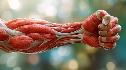 A detailed illustration showcasing the musculature of a human arm and clenched fist. This image serves as a visual exploration of muscle structure, ideal for educational and medical contexts.