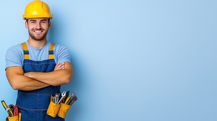 Professional handyman in overalls poses confidently with a smile against a light backdrop, showcasing expertise and charm