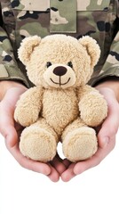 Obraz premium Soldier cradling a teddy bear in comforting gesture on a pure white background