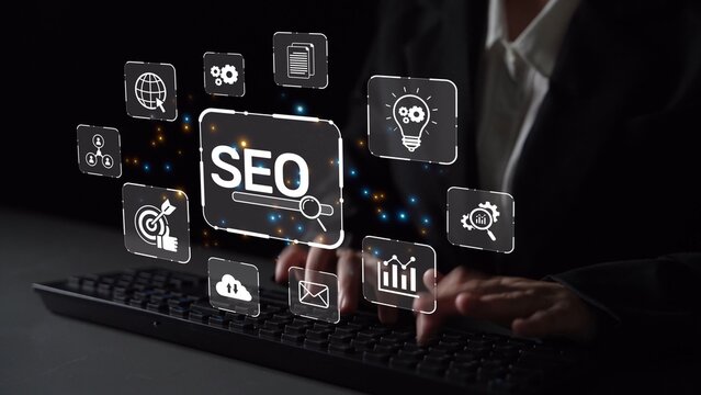 SEO concept for improving SEO visibility, with SEO related digital tools and SEO performance icons shown in an focused layout for strategic marketing. Muxer - Powered by Adobe