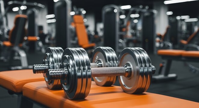 Dumbbells on an orange bench in a gym, ready for a workout session