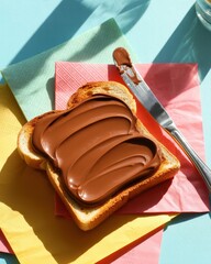 Toasted bread with chocolate hazelnut spread and a knife on colorful napkins.