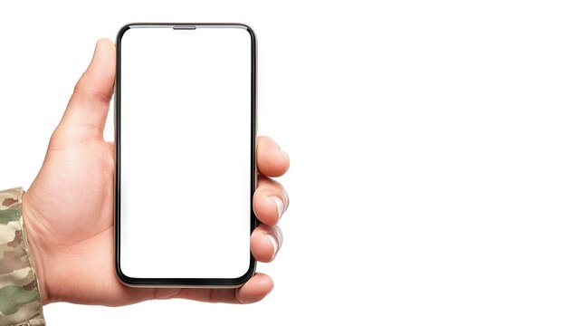 Soldier's hand holds smartphone with blank screen, symbolizing connectivity in modern military operations