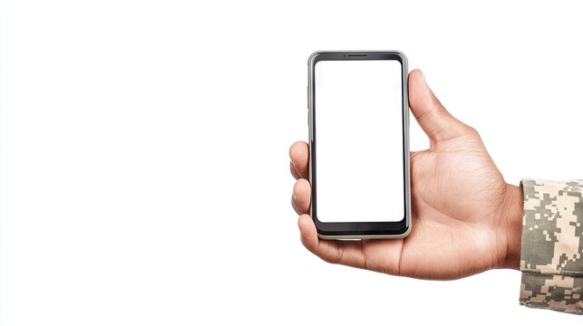 Soldier showcasing smartphone technology in a modern military context with a blank screen against a clean backdrop