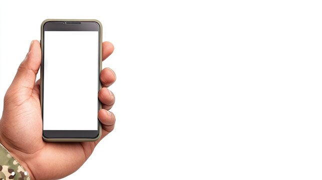 Soldier's hand gripping a smartphone, ready for communication in a modern military setting with a pristine background