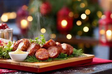Warm Southern USA smoked sausage slices on wooden board with holiday garnish and festive Christmas lights in blurred background, perfect for New Year food themes and seasonal culinary visuals