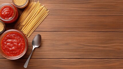 Colorful arrangement of wooden table with spaghetti, tomato sauce, and culinary essentials inviting a homemade feast experience