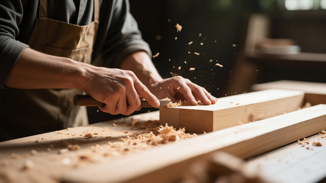 Woodworker's hands shaping timber with chisel, wood shavings flying in workshop