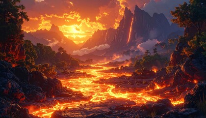 A vibrant vista showcasing a glowing molten river winding through a valley, under an fiery sunset sky and towering mountains