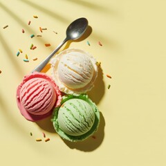 Three scoops of refreshing ice cream with sprinkles and a spoon on yellow