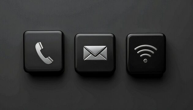 Three black buttons with icons for phone, email, and Wi-Fi on dark background.