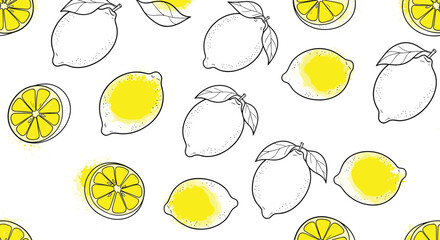 Modern seamless pattern of hand-drawn lemons and citrus slices with yellow doodle accents on a clean white background design.