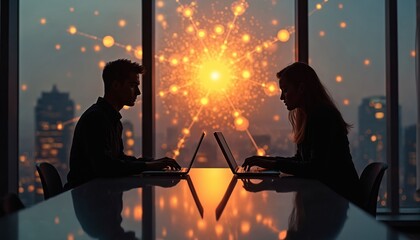 Two individuals work on laptops. Sit opposite at table near window. Big city buildings, bright network connections behind illustrate teamwork, tech. Business people collaborate in office at night