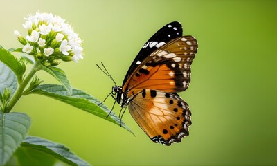 Fototapeta premium Plain Tiger Butterfly on Green Leaf,Vibrant Nature Background