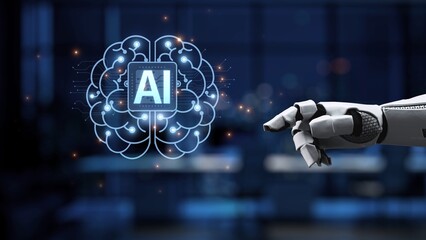 A robotic hand reaches toward a digital brain symbol representing advanced artificial intelligence, illustrating the intersection of technology and innovation in modern workspaces. Synapse