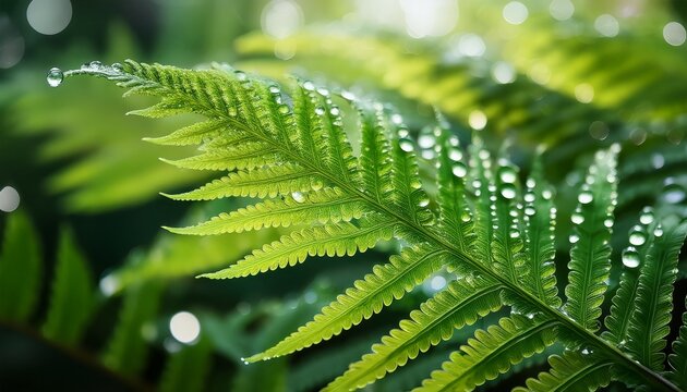 close up macro photograph of vibrant green fern leaf with water droplets - Powered by Adobe