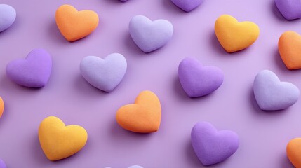 Obraz premium Colorful Heart-Shaped Soft Foam Objects on a Purple Background for Conceptual Love, Friendship, and Celebration Themes in Creative Projects