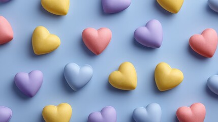 Fototapeta premium Colorful Hearts on Blue Background in Playful Arrangement, Ideal for Celebrating Love and Affection in Various Projects and Designs