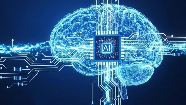 A blue brain graphic with an AI chip at its center, symbolizing artificial intelligence. It shows a conceptual integration of technology and human intelligence. "AI" is centered on the chip.

