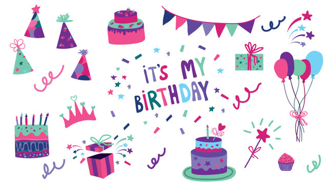 Colorful birthday illustration pack with party icons, cakes, presents, balloons, crowns, garlands, magical wand, cupcakes, confetti for kids celebration graphics.  handwritten “It’s My Birthday” neon.