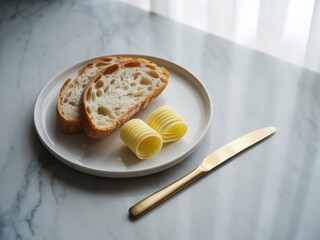 Two slices of freshly baked bread with butter curls and a golden knife on a marble table