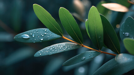 Rare mistletoe leaves in old forest with fresh water droplets on green foliage under soft natural light