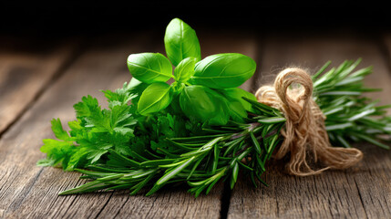 Fototapeta premium Raw whole foods for eco branding include fresh green herbs like basil, rosemary, and parsley rustic wood, evoking natural