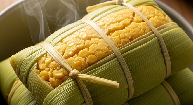 01_Close-up of Pamonha Doce (sweet corn paste) tied in corn husks. Steaming soft light.