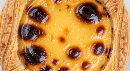 01_Close-up of Pastel de Belm (custard tart) top focus on burnt spots and flaky crust.