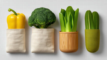 Raw whole foods for eco branding show fresh yellow pepper broccoli bok choy and zucchini in fabric and wooden holders