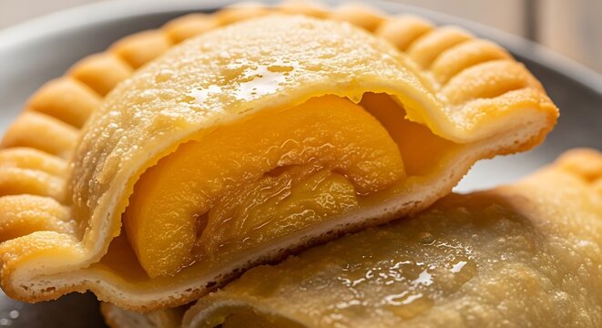 01_Close-up of Pastel de Pequi (pequi fried pastry). Golden edge focus on the unique filling.