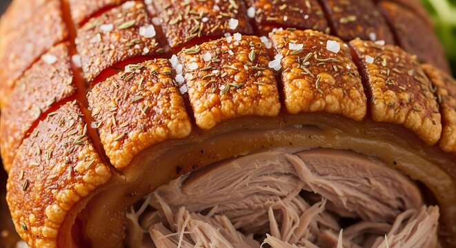 01_Close-up of pernil assado (roast pork leg) with a crispy seasoned skin texture.