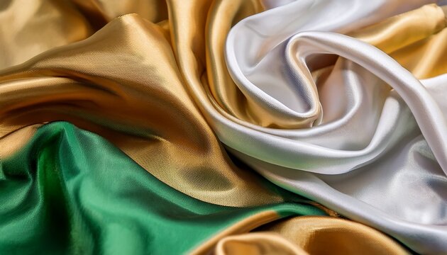 luxurious silk material featuring swirling designs in gold white and green hues