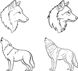 Simple black line drawing of a wolf howling, Wolf heads and howling wolf silhouette with detailed vector set,