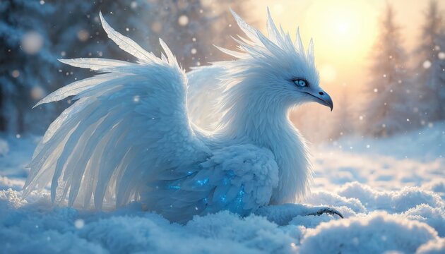 Majestic ice phoenix rests in snowy landscape. Mythical creature with blue feathers, glowing eyes embodies power, serenity within winter storm. Digital artwork beauty, grace against frosted forest