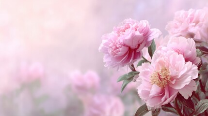 Obraz premium Delicate Pink Peonies Against a Soft Pastel Background Capturing the Beauty of Spring Blooms and Romance in Nature’s Color Palette