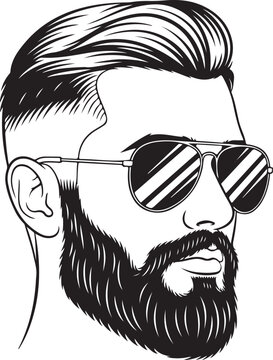 Hand drawn sketch portrait of a stylish man with a beard and aviator sunglasses looking to the side