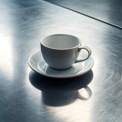 Obraz premium White ceramic cup and saucer on reflective metal surface with dramatic lighting and minimalist contrast for modern kitchenware design themes