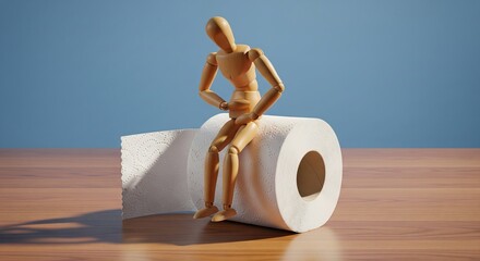Wooden mannequin clutching stomach in discomfort while seated on toilet paper roll, symbolizing digestive issues or urgent need