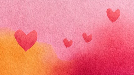Obraz premium Soft Watercolor Background with Pink and Orange Hues Featuring Delicate Hearts in Various Sizes for Romantic and Whimsical Designs