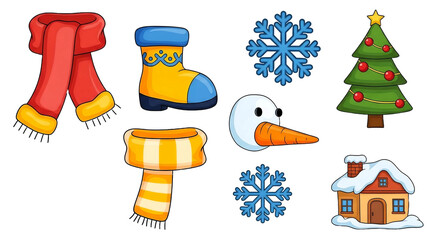Fototapeta premium Collection of festive winter and Christmas icons with snowflakes and a cozy house