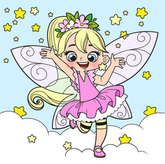 Cute cartoon little fairy in clouds with magic stars on white background