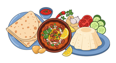 Colorful hand-drawn illustration of a traditional hearty meal with red bean stew, flatbread, rice, and fresh vegetables on the side