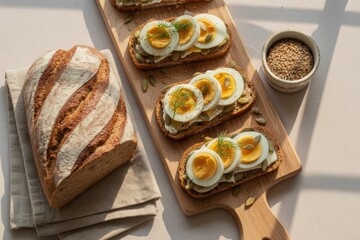Wholesome dark bread slices topped with boiled eggs pumpkin seeds and dill on a board