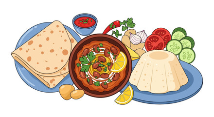 Colorful illustration of a delicious meal spread with hearty bean stew, warm flatbread, fluffy rice, and fresh vegetables